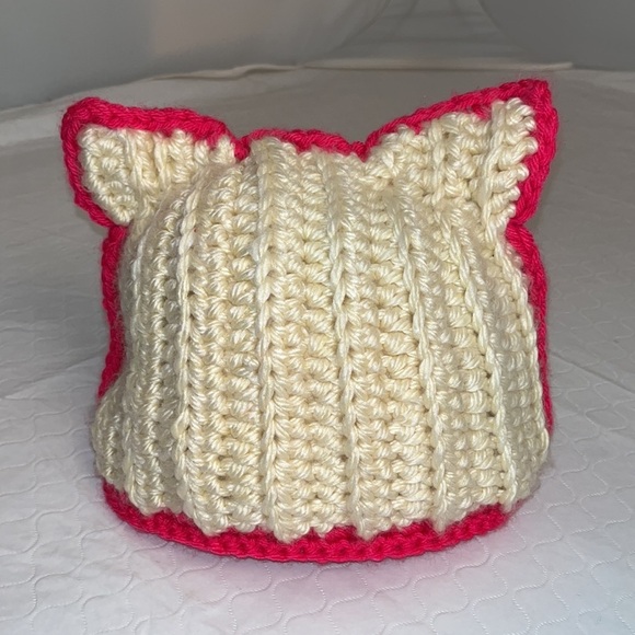 Hand knit super soft ivory and hot pink kitty hat OS